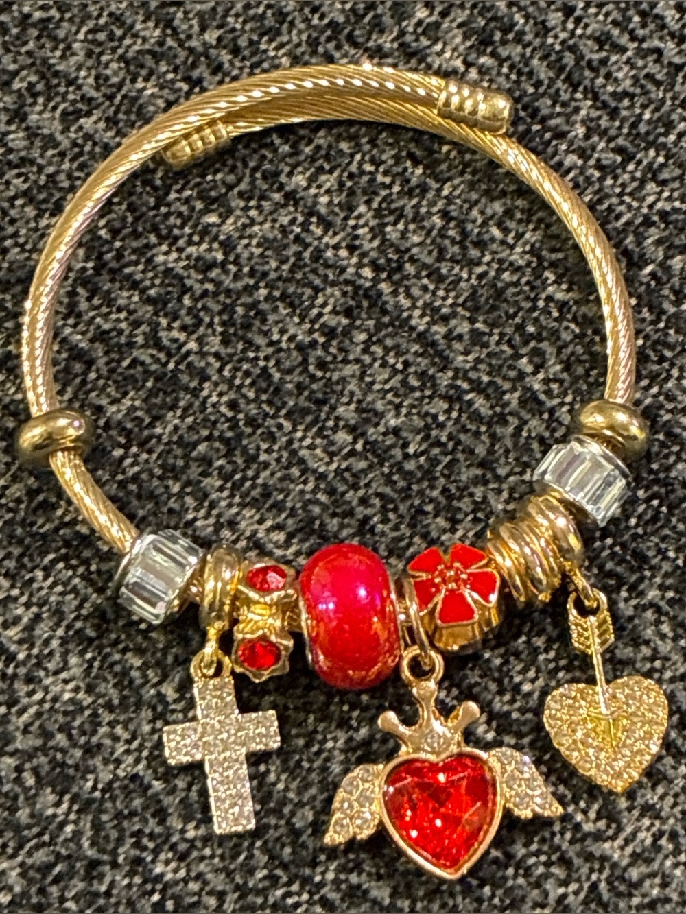 Gold-Tone Red Heart Charm Bangle Bracelet with Cross and Arrow Charms